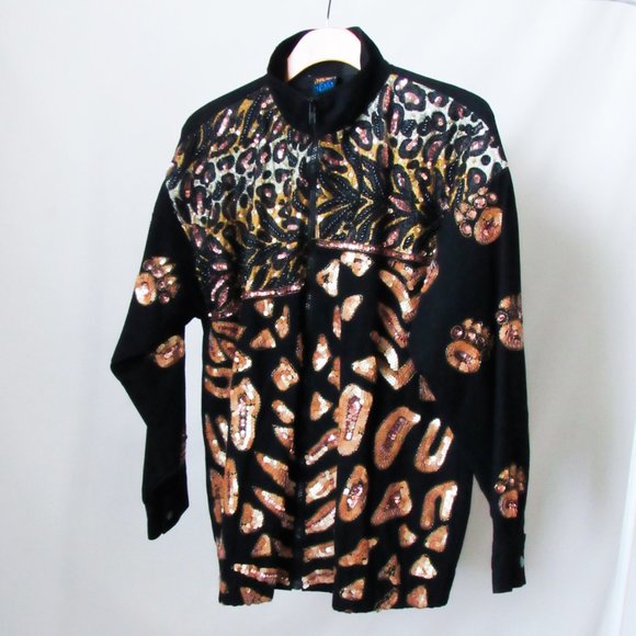 RARE! VINTAGE MODI DENIM SEQUIN JEAN JACKET in Black Animal Print Design M/L - Picture 11 of 11
